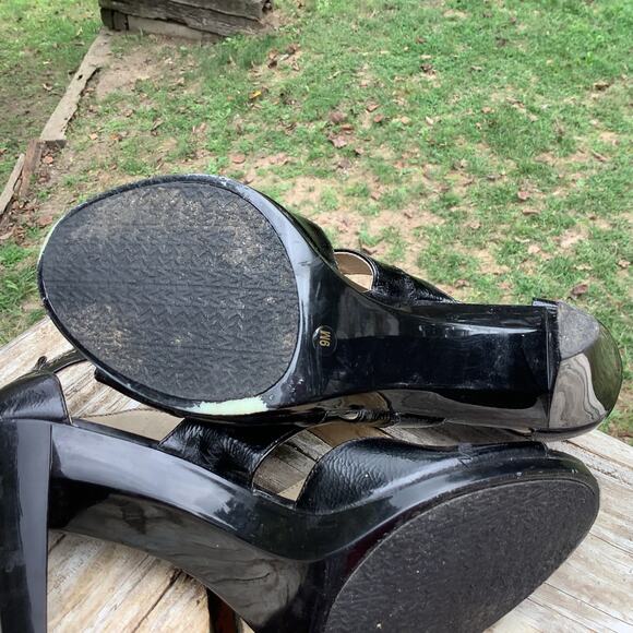 Michael Kors Black Patent Leather Vixen Heels 4" Chunky Zipper Strappy 9M - Picture 5 of 8